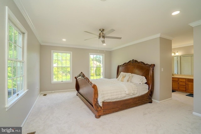 11 Adams Ct, Plainsboro, NJ 08536 - bedroom featuring light carpet, baseboards, crown molding, recessed lighting, and connected bathroom