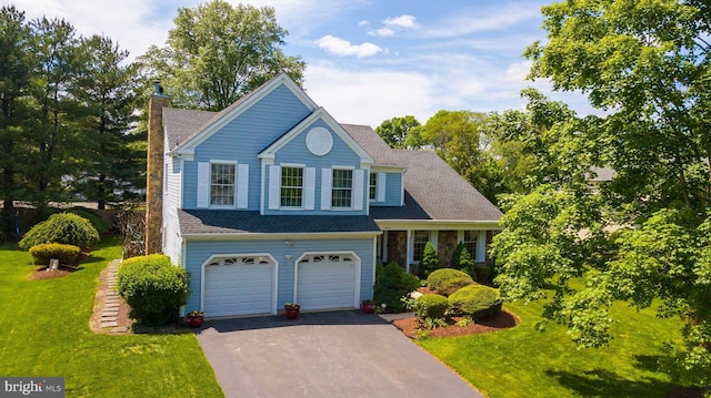 11 Adams Ct, Plainsboro, NJ 08536 - traditional home featuring asphalt driveway, a garage, a chimney, a front lawn, and roof with shingles