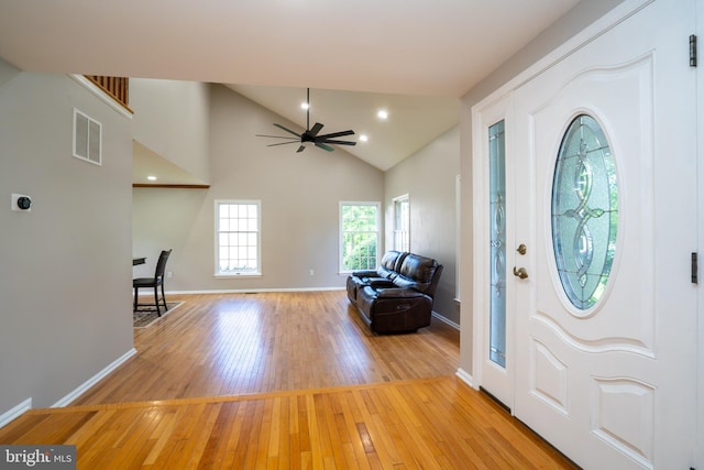 11 Adams Ct, Plainsboro, NJ 08536 - foyer with light wood-type flooring, a ceiling fan, baseboards, recessed lighting, and high vaulted ceiling