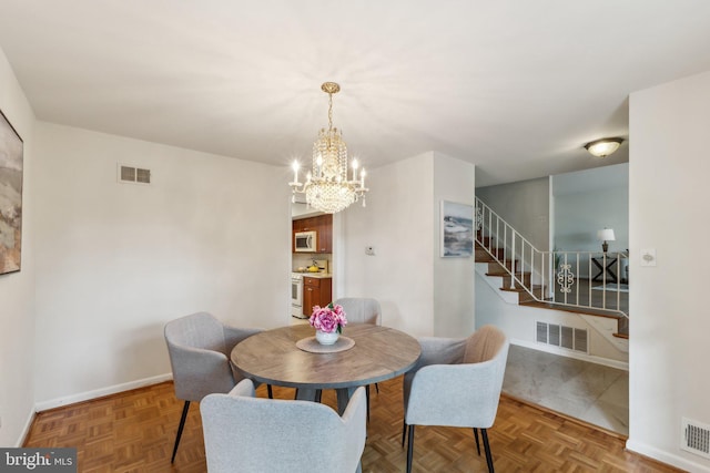 11706 Milbern Dr, Rockville, MD 20854 - dining space with stairway, a chandelier, and baseboards