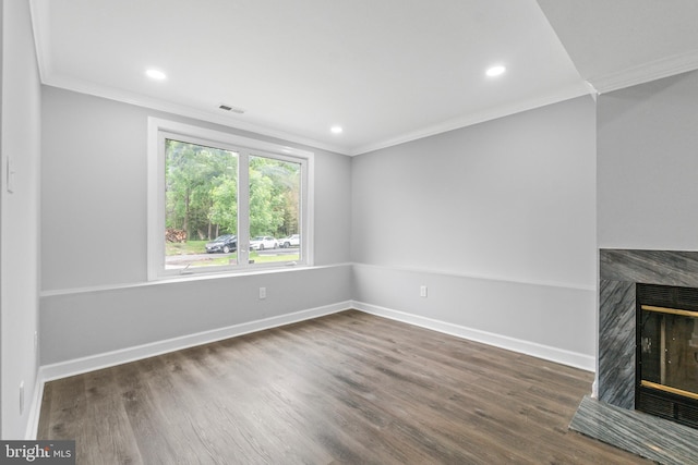 7102 Walnut Ave, Baltimore, MD 21208 - unfurnished living room featuring crown molding, a multi sided fireplace, wood finished floors, baseboards, and recessed lighting