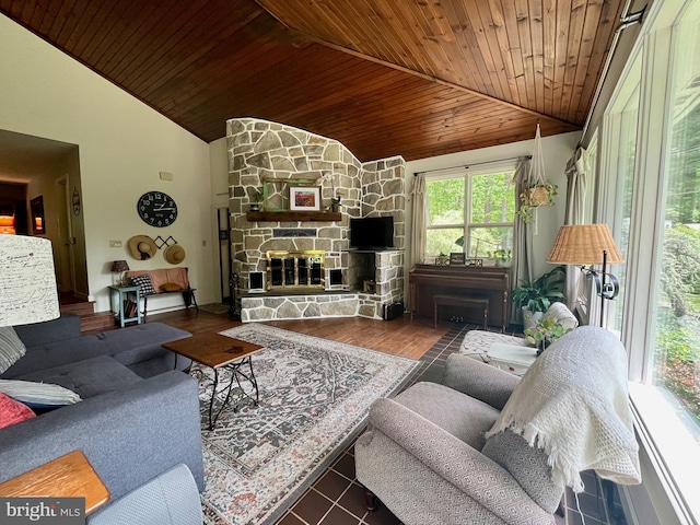 212 Haag Rd, Reading, PA 19606 - living room featuring wooden ceiling, vaulted ceiling, a fireplace, and wood finished floors