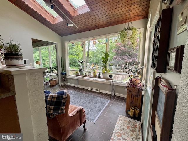 212 Haag Rd, Reading, PA 19606 - sunroom featuring lofted ceiling, tile patterned floors, a skylight, wooden ceiling, and healthy amount of natural light