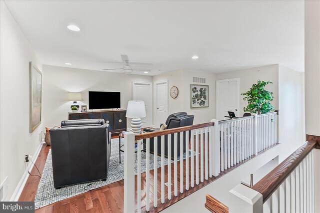 1009 James Walter Way, Kennett Square, PA 19348 - living room featuring wood finished floors, an office area, recessed lighting, baseboards, and a ceiling fan