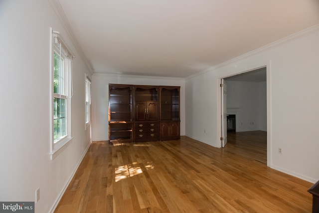 9 Paddington Ct, Hockessin, DE 19707 - empty room with ornamental molding, healthy amount of natural light, light wood-style floors, a glass covered fireplace, and baseboards