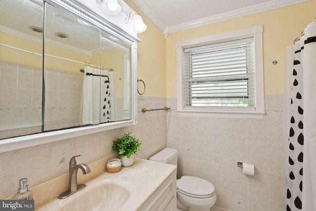 7434 Dickenson St, Springfield, VA 22150 - full bathroom with toilet, tile walls, crown molding, vanity, and curtained shower