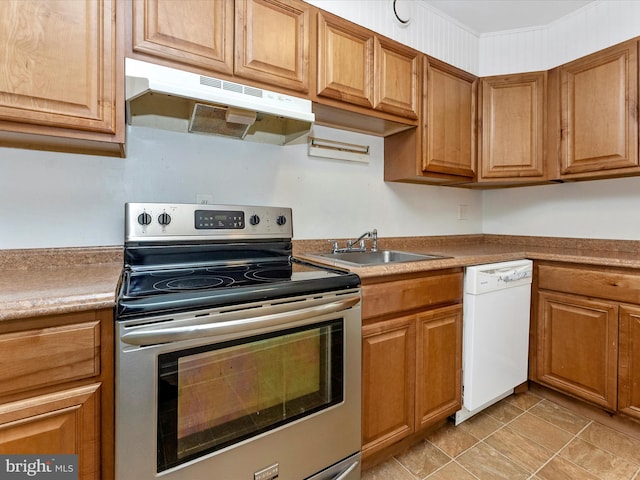 7324 E Springbrook Ct, Middletown, MD 21769 - kitchen with stainless steel range with electric stovetop, dishwasher, under cabinet range hood, a sink, and brown cabinetry