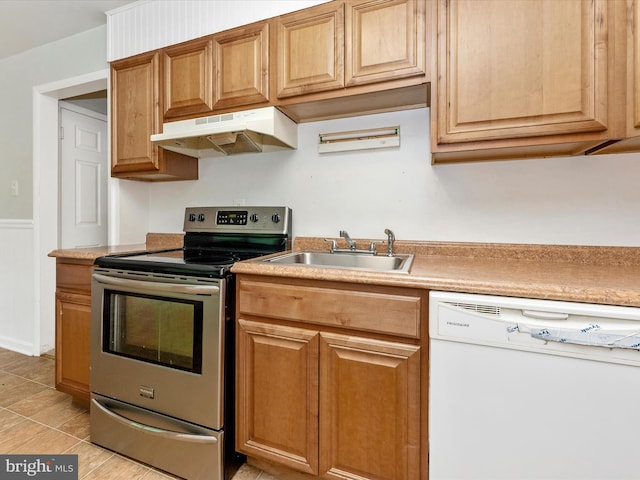 7324 E Springbrook Ct, Middletown, MD 21769 - kitchen with stainless steel range with electric stovetop, under cabinet range hood, white dishwasher, a sink, and light countertops