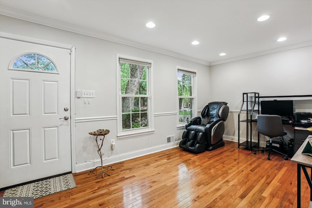 11910 Saint Johnsbury Ct, Reston, VA 20191 - entrance foyer with hardwood / wood-style floors, ornamental molding, recessed lighting, and baseboards