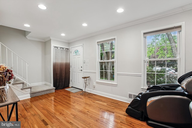 11910 Saint Johnsbury Ct, Reston, VA 20191 - foyer featuring stairs, ornamental molding, light wood-type flooring, baseboards, and recessed lighting