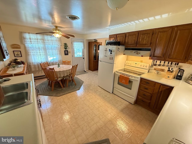 23 N Valley View Ln, Keyser, WV 26726 - kitchen featuring white appliances, extractor fan, a sink, light countertops, and ceiling fan