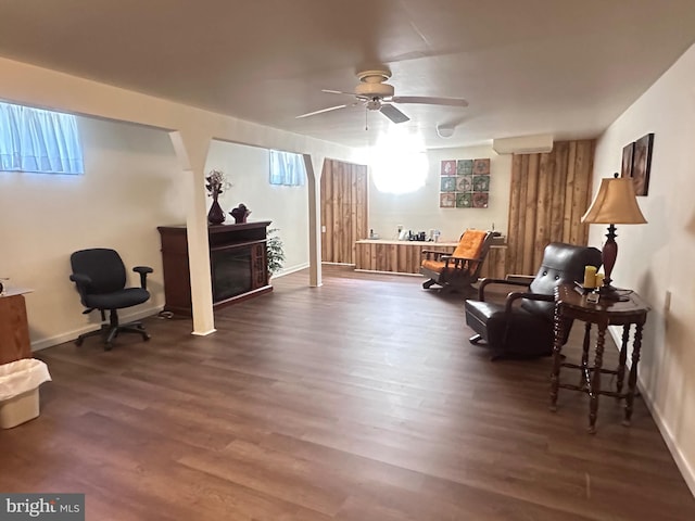 23 N Valley View Ln, Keyser, WV 26726 - living area featuring a ceiling fan, dark wood-style flooring, a fireplace, and baseboards