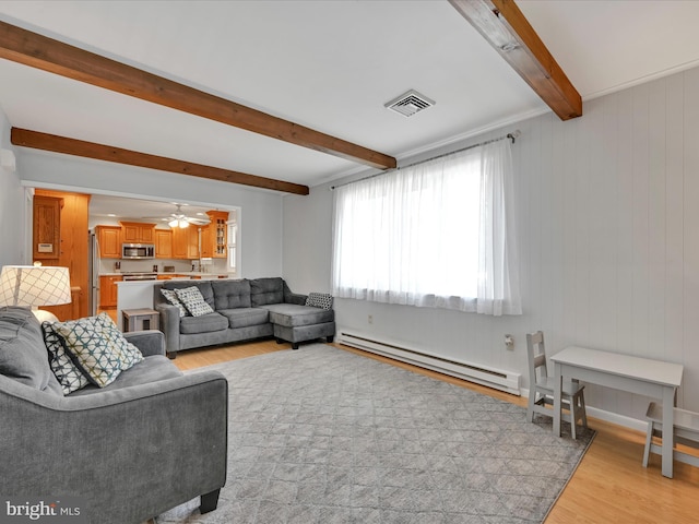 52 Circle Dr, Ephrata, PA 17522 - living room with baseboard heating, beam ceiling, and light wood finished floors