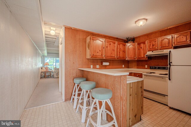 38395 Cardinal Ln Unit 184, Selbyville, DE 19975 - kitchen featuring white appliances, under cabinet range hood, a kitchen bar, light countertops, and a peninsula
