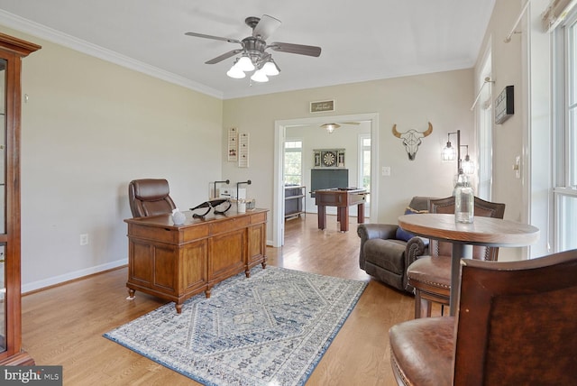 5040 Hummingbird Ln, Warrenton, VA 20187 - office with light wood-style flooring, a ceiling fan, ornamental molding, and baseboards