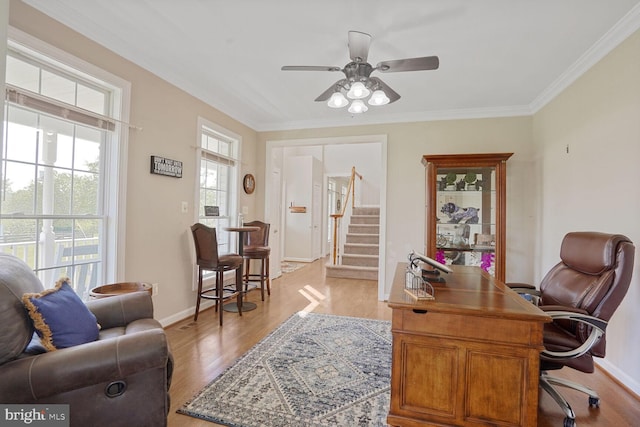 5040 Hummingbird Ln, Warrenton, VA 20187 - home office featuring light wood-style flooring, ornamental molding, a ceiling fan, and baseboards