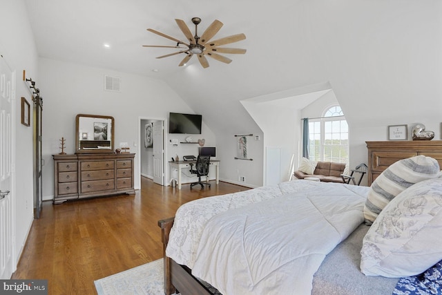 5040 Hummingbird Ln, Warrenton, VA 20187 - bedroom with lofted ceiling, wood finished floors, a desk, and a ceiling fan