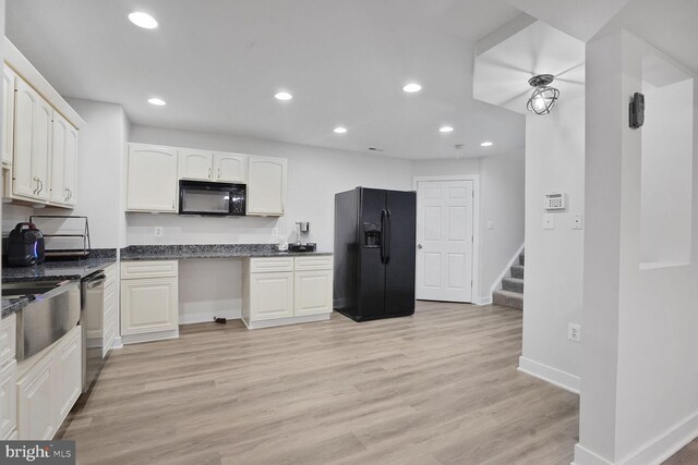 5040 Hummingbird Ln, Warrenton, VA 20187 - kitchen with black appliances, baseboards, white cabinetry, recessed lighting, and light wood-type flooring
