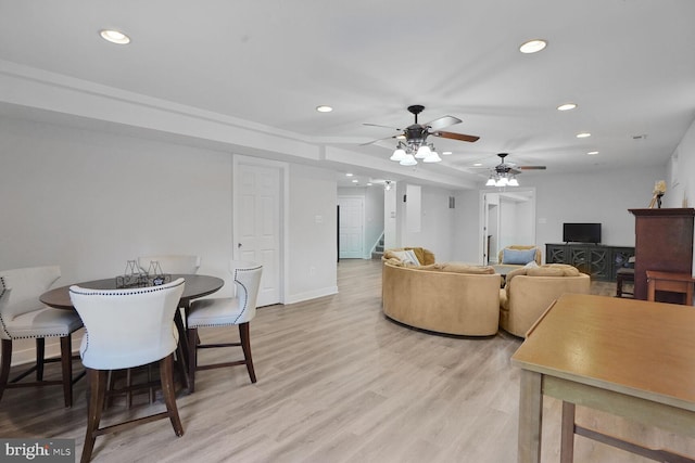 5040 Hummingbird Ln, Warrenton, VA 20187 - living area with recessed lighting, stairs, a ceiling fan, light wood-type flooring, and baseboards