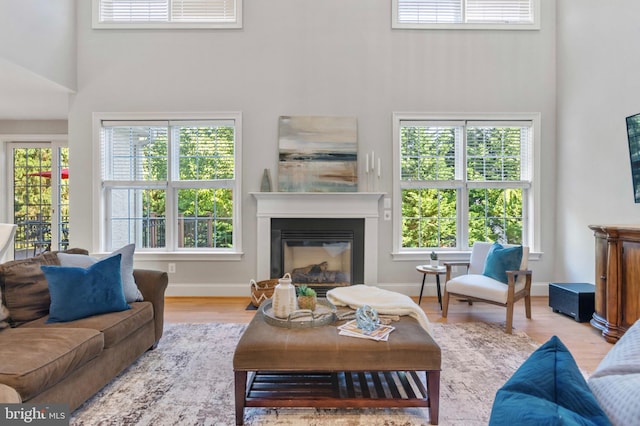 11 Woods Edge Rd, West Chester, PA 19382 - living area with a high ceiling, a glass covered fireplace, wood finished floors, and baseboards