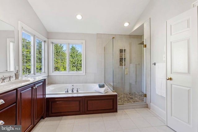 11 Woods Edge Rd, West Chester, PA 19382 - bathroom with lofted ceiling, a stall shower, vanity, a garden tub, and tile patterned flooring