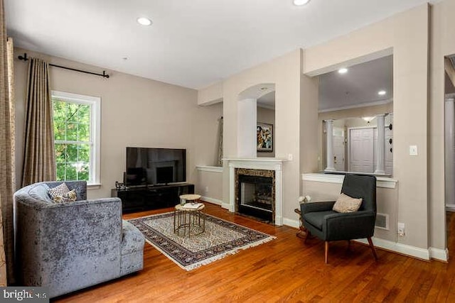living room featuring wood finished floors, a premium fireplace, baseboards, and recessed lighting