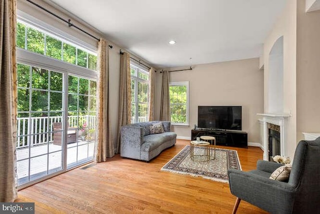 living room featuring wood finished floors, a fireplace, recessed lighting, and baseboards