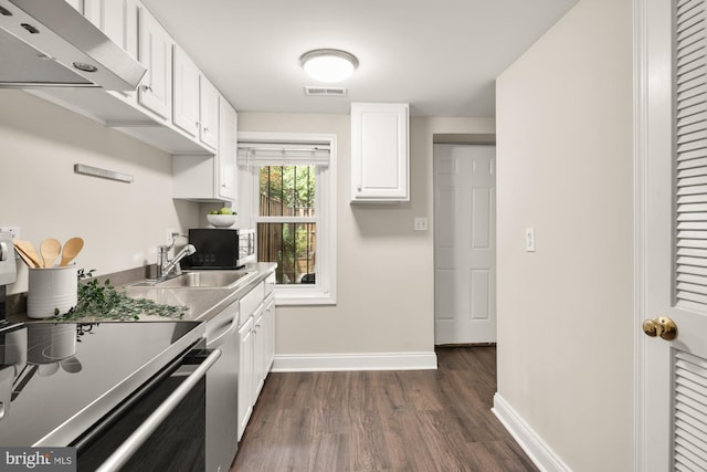 704 F St NE, Washington, DC 20002 - kitchen featuring stainless steel appliances, baseboards, under cabinet range hood, dark wood-style floors, and a sink