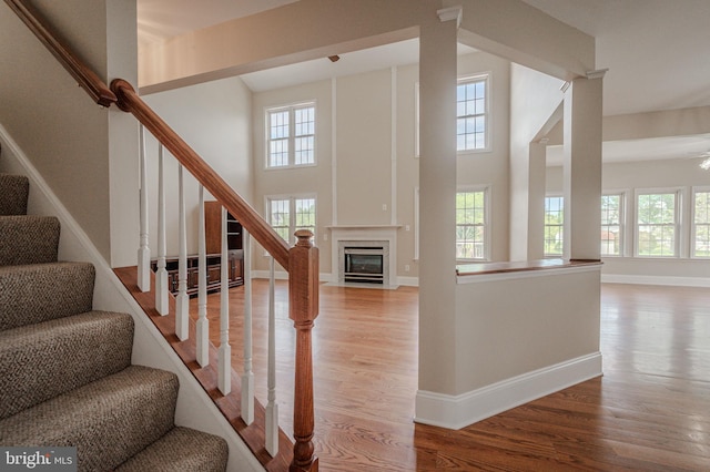 143 Bakerfield Dr, Middletown, DE 19709 - staircase featuring healthy amount of natural light, wood finished floors, baseboards, a fireplace, and a high ceiling