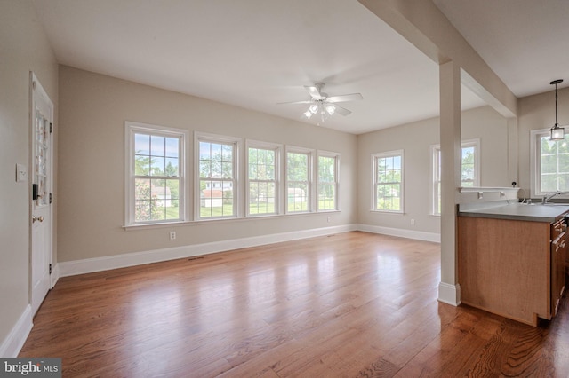 143 Bakerfield Dr, Middletown, DE 19709 - unfurnished living room featuring plenty of natural light, a ceiling fan, light wood-style floors, and baseboards