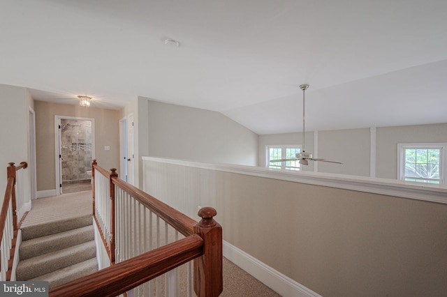 143 Bakerfield Dr, Middletown, DE 19709 - hall featuring light carpet, an upstairs landing, plenty of natural light, baseboards, and vaulted ceiling