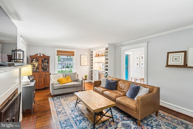 330 Wood Ln, Haddonfield, NJ 08033 - living room with crown molding, dark wood-style flooring, a fireplace, and baseboards