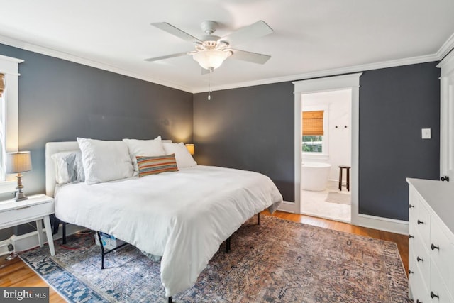 330 Wood Ln, Haddonfield, NJ 08033 - bedroom featuring light wood-style floors, crown molding, baseboards, connected bathroom, and a ceiling fan