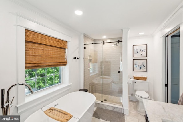 330 Wood Ln, Haddonfield, NJ 08033 - bathroom with a shower stall, a soaking tub, recessed lighting, ornamental molding, and vanity
