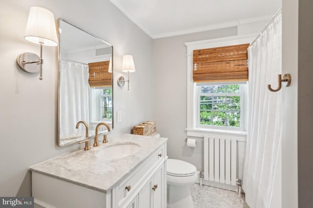 330 Wood Ln, Haddonfield, NJ 08033 - bathroom with radiator, vanity, toilet, and ornamental molding