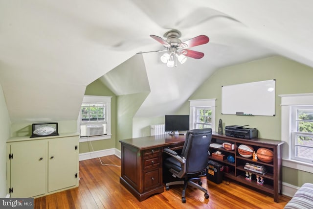 330 Wood Ln, Haddonfield, NJ 08033 - home office with hardwood / wood-style flooring, lofted ceiling, a ceiling fan, and healthy amount of natural light