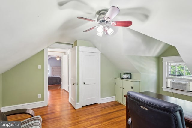 330 Wood Ln, Haddonfield, NJ 08033 - home office featuring cooling unit, a ceiling fan, wood finished floors, vaulted ceiling, and baseboards