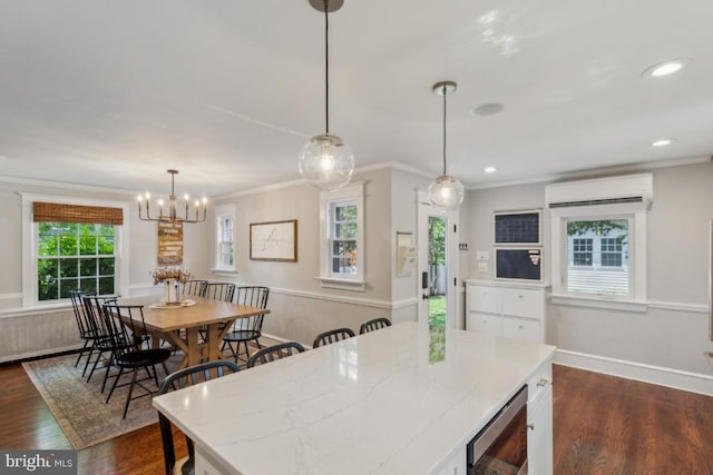 330 Wood Ln, Haddonfield, NJ 08033 - kitchen featuring an AC wall unit, beverage cooler, dark wood-style floors, a chandelier, and crown molding