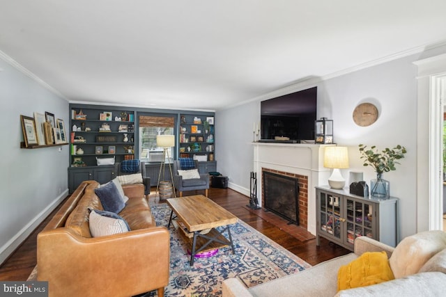 330 Wood Ln, Haddonfield, NJ 08033 - living room featuring crown molding, a fireplace, wood finished floors, baseboards, and built in features