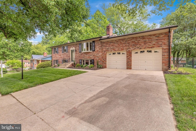 6913 Fulford St, Clinton, MD 20735 - bi-level home featuring a chimney, brick siding, driveway, and an attached garage