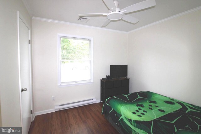 17 Greenridge Ave, Ridgely, MD 21660 - bedroom with a baseboard radiator, wood finished floors, crown molding, and a ceiling fan