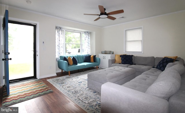 17 Greenridge Ave, Ridgely, MD 21660 - living room with wood finished floors, ornamental molding, a ceiling fan, and baseboards