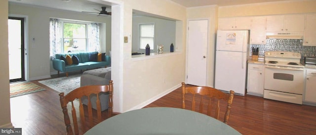 17 Greenridge Ave, Ridgely, MD 21660 - kitchen with white appliances, under cabinet range hood, dark wood-style floors, ceiling fan, and tasteful backsplash