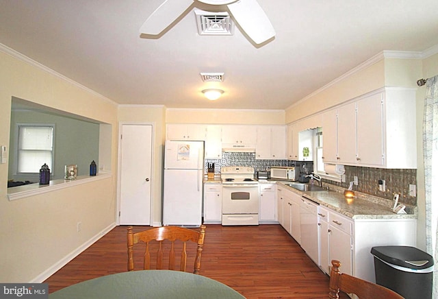 17 Greenridge Ave, Ridgely, MD 21660 - kitchen with white appliances, under cabinet range hood, ceiling fan, a sink, and dark wood-style floors