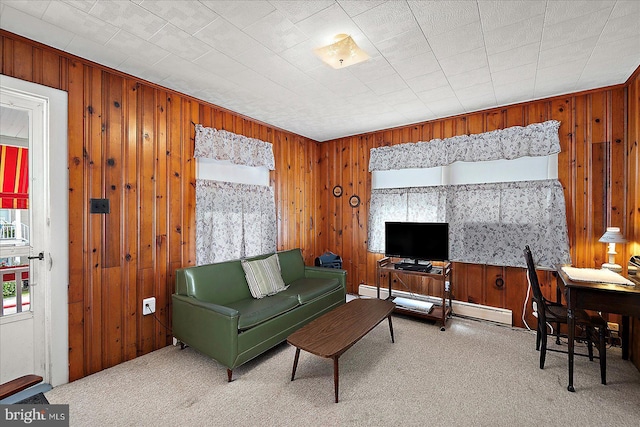 104 11th St, Ocean City, MD 21842 - carpeted living room featuring wood walls and baseboard heating