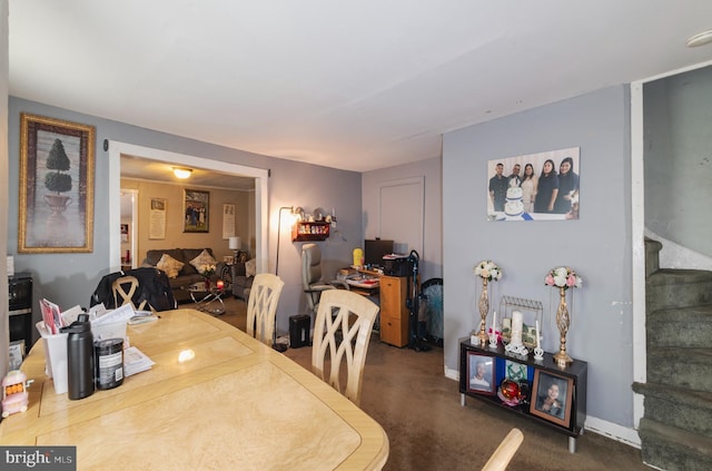 131 Main, Medford, NJ 08055 - carpeted dining space featuring stairs and baseboards