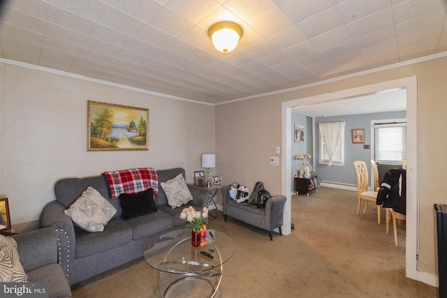 131 Main, Medford, NJ 08055 - living room with ornamental molding, carpet floors, and a baseboard radiator