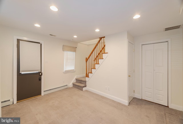 131 Main, Medford, NJ 08055 - foyer featuring a baseboard heating unit, stairway, carpet, recessed lighting, and baseboards