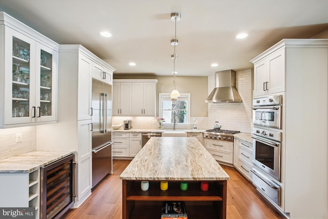 2371 N Edgewood St, Arlington, VA 22207 - kitchen with open shelves, a warming drawer, wine cooler, wall chimney exhaust hood, and stainless steel appliances