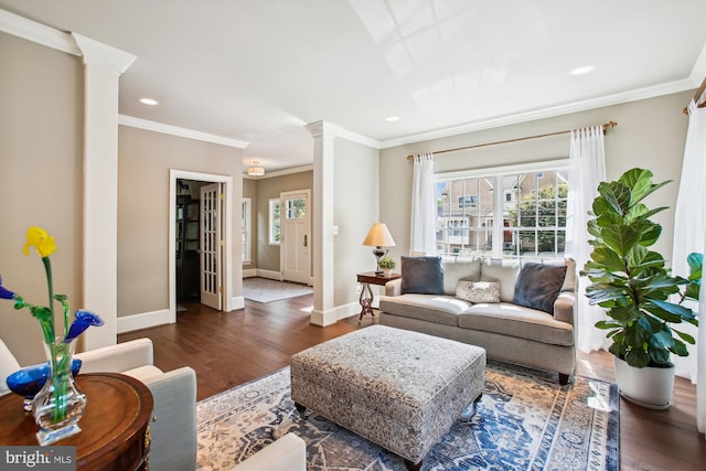 2371 N Edgewood St, Arlington, VA 22207 - living area with healthy amount of natural light, ornate columns, ornamental molding, wood finished floors, and recessed lighting